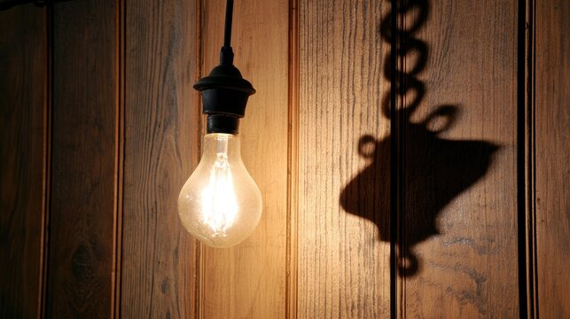 Exposed Edison bulb glows warmly against rustic wooden paneling, casting dramatic shadow