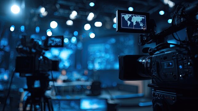 Modern broadcast studio with cameras and screens displaying world maps