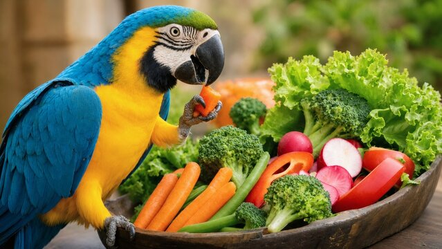 Colorful parrot eating vegetables from a wooden bowl in garden  