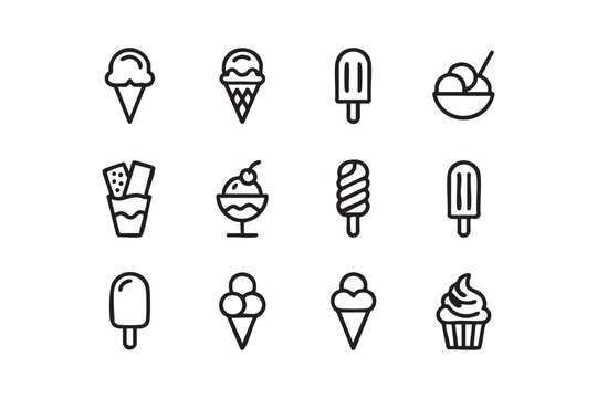 App design ice cream glyphs, dessert ordering icons, popsicle, sundae, cone, frozen food UI assets
