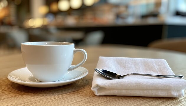 White teacup, saucer, spoon on a folded white napkin on a wooden table