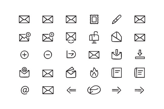 App design mail icons, inbox alerts, reply forward arrows, contact profile and envelope UI symbols