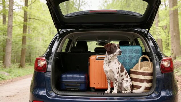 Dog sitting in open car trunk with luggage on forest road