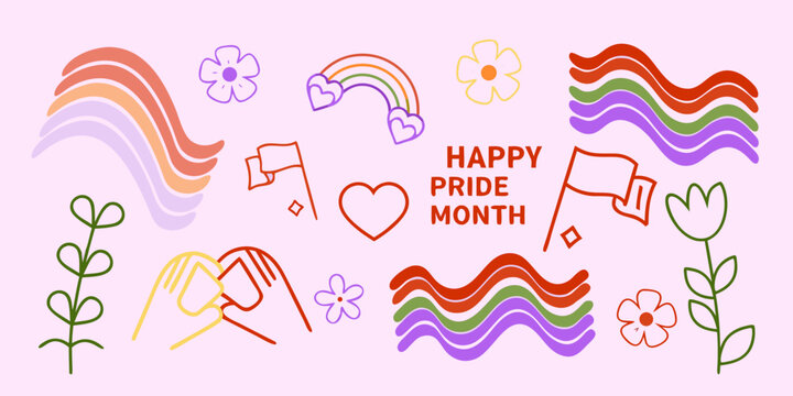 Rainbow flags floral ornaments and hearts in a colorful vector illustration for pride month