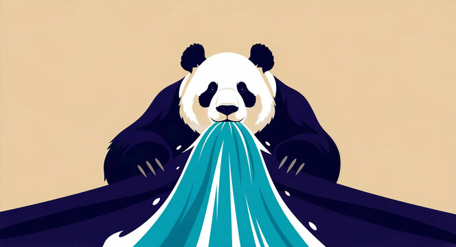 Stylized panda illustration breathing a vibrant blue stream. Minimalist vector art with a cute animal and surreal elements. Creative wildlife concept for quirky branding and modern designs.