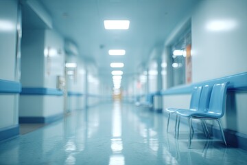 Fototapeta premium A bright, empty hospital corridor with blue chairs and reflective floor