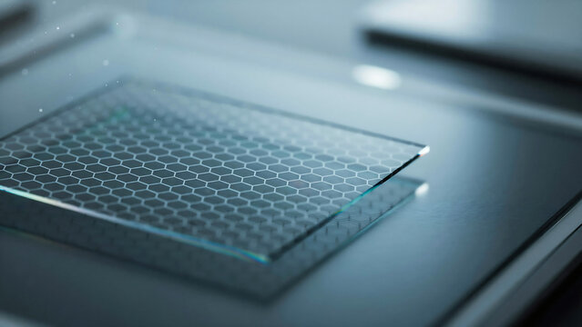 Closeup of a microchip with a honeycomb pattern on its surface