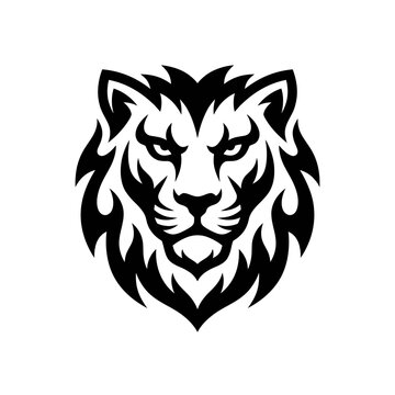 Lion head mascot logo design in tribal style with predator strength ornamental aggressive majestic stylized insignia detailed masculine