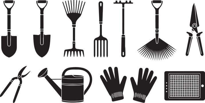 Set of gardening tools featuring shovel rake fork shears gloves and watering can isolated on transparent background for work.