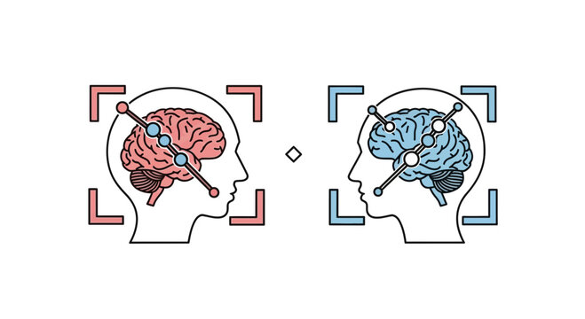 Two human heads with brains, representing connection and communication