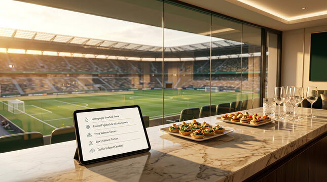 Wide shot of a modern VIP hospitality box overlooking a professional football stadium with appetizers and a tablet on a marble table