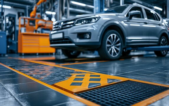 Modern SUV Vehicle Inside an Automotive Manufacturing or Inspection Facility