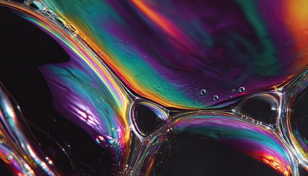 Abstract iridescent patterns and bubbles, macro photography
