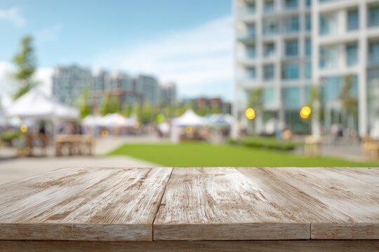 Blurred urban scene with outdoor market and wooden table in foreground