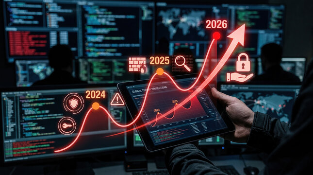 A person holding a digital tablet displaying global threat projections with a glowing red upward-trending line graph in a dark cybersecurity command center.