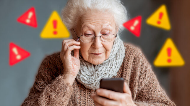Elderly woman receiving scam warning signs on smartphone
