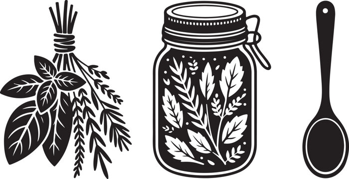 Herbal medicine ingredients set with fresh basil leaves bunch glass jar and wooden spoon icons for healthy cooking and aromatherapy.