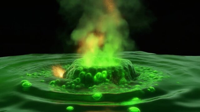 A 3D animation of a glowing green toxic liquid or magic potion bubbling and erupting like a volcano