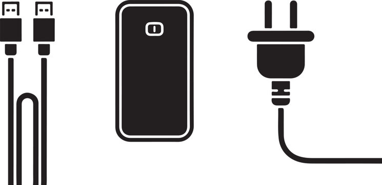 Mobile phone charging accessories featuring dual usb connection cables alongside smartphone device and electric power wall plug.