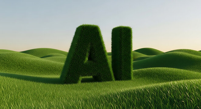 Artificial intelligence text logo made of green grass in rolling hill landscape with technology innovation landscape environment computing learning creative abstract
