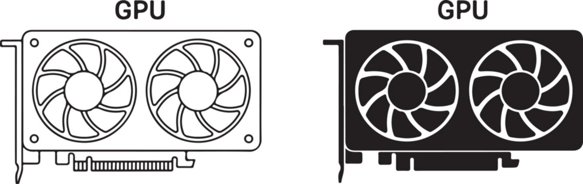 Dual fan graphics processing unit also known as gpu in outline and silhouette view for computer hardware.