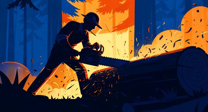Lumberjack using a chainsaw to cut a log in a forest at sunset. Professional logger working with heavy machinery and flying sawdust. Forestry industry and manual labor concept for woodcraft marketing.