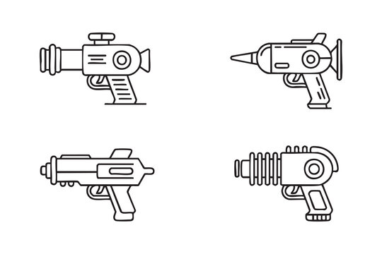 Space Weapon Icon Collection with Laser Pistols, Energy Blasters and Retro Cosmic Technology