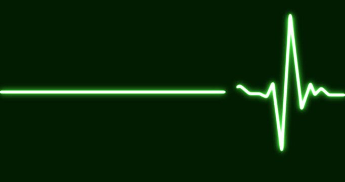 EKG Heart Line, Glowing neon green Heartbeat pulse line rate graph. Electrocardiogram show heart beat line. cardiogram, Heart pulse. Motion graphics of neon EKG line