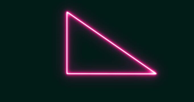 Neon right triangle icon in line style. Flat design. Purple neon on a black background. Motion graphics of neon triangle