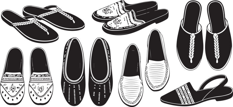 Various traditional ethnic shoes and sandals, including slippers, espadrilles, and flip-flops with intricate patterns.