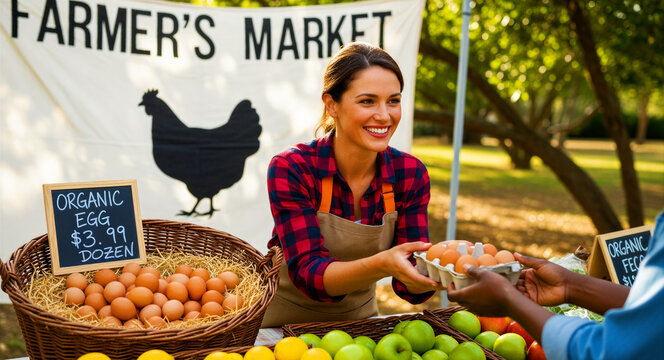 Smiling vendor hands fresh organic eggs to a customer at a farmers market. Local farmer at a sunny outdoor stall with produce. Sustainable food and small business concept for retail marketing.