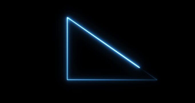 Neon right triangle icon in line style. Flat design. Purple neon on a black background. Motion graphics of neon triangle