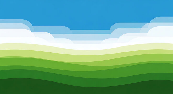 Minimalist vector illustration of rolling green hills and layered clouds with illustration landscape minimalist environment background abstract stylized