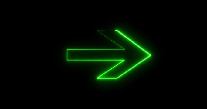 Glowing green neon arrow direction on black background. Bright neon right abstract directional icon. vector, neon glowing arrows. Direction banner. Motion graphics of neon arrow concept