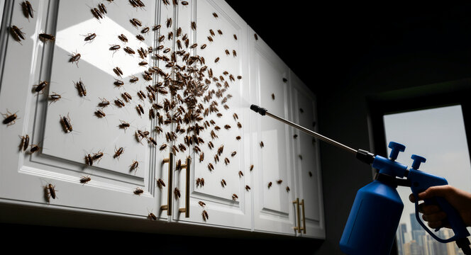 Pest control worker spraying insecticide on kitchen cabinets infested with cockroaches. Professional extermination service targeting a swarm of roaches. Ideal for home hygiene and pest management.