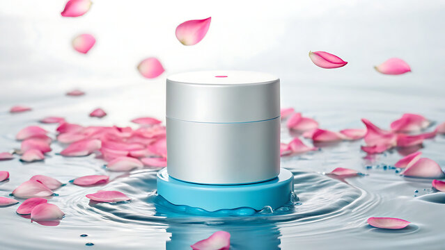 Skincare diffuser releasing pink petals on water with soft light reflection
