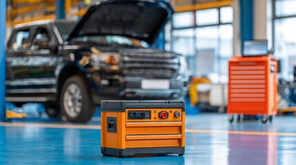 Fototapeta premium Modern car repair shop with diagnostic equipment and vehicle engine service