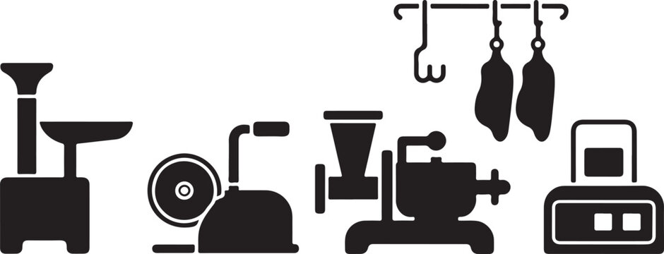 Set of black silhouettes of meat processing equipment grinders slicers scales hanging hooks for butcher shop charcuterie production.