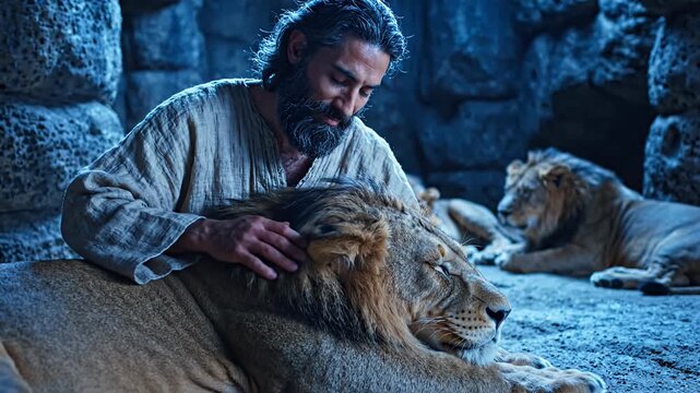 Ancient Bearded Man Stroking Wild Lion in Serene, Mystical Cave Setting