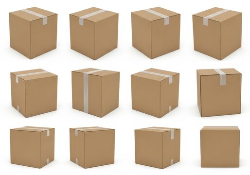 Set of twelve cardboard shipping boxes isolated on white background