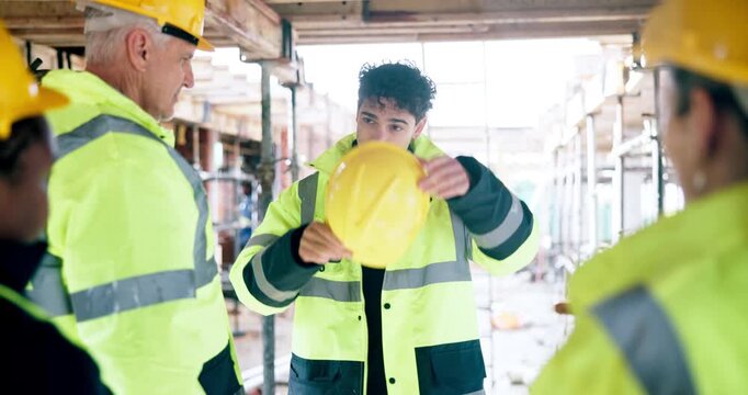 People, meeting and safety officer on construction site with helmet, explain protocol or infrastructure. Team, risk management and talk in building with PPE, labor regulations and renovation project.