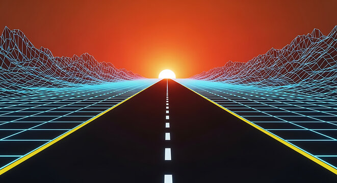 Retrowave style road leading to a digital horizon with retro grid landscape vaporwave abstract synthwave perspective computer