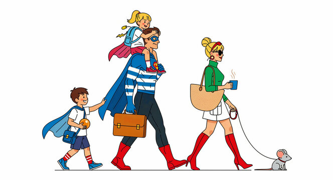 Happy family walking together in a whimsical cartoon style. Father wears a superhero costume while the mother walks a pet mouse. Humorous work-life balance concept for family lifestyle marketing.