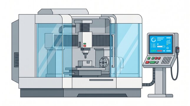 Minimalist flat vector illustration of an automated CNC milling machine with a control panel, representing the concept of precision manufacturing and industrial automation