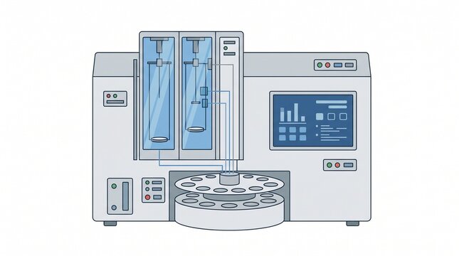 Flat vector illustration of an automated laboratory analyzer with an autosampler and digital dashboard, representing chemical analysis and medical diagnostics