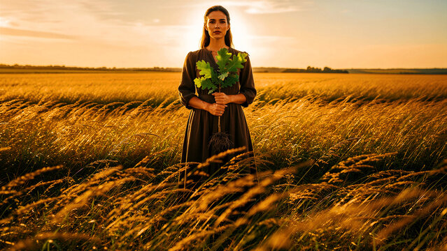 Woman standing in a golden wheat field holding a young oak tree sapling with exposed roots. Female environmentalist wearing a rustic dress during a sunset. Growth and sustainability concept.