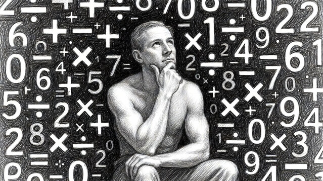 Muscular Man Thinking in Math - Black and white sketch of contemplative figure surrounded by numbers and equations. Ideal for education, intelligence, and problem solving