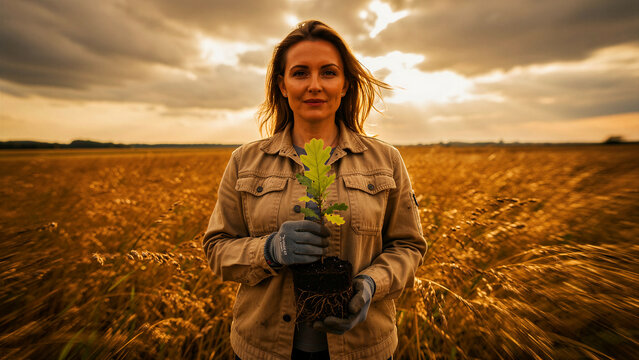 Portrait of a woman holding a small oak sapling in a golden wheat field. Environmental activist or farmer preparing to plant a tree at sunset. Sustainability and reforestation concept.