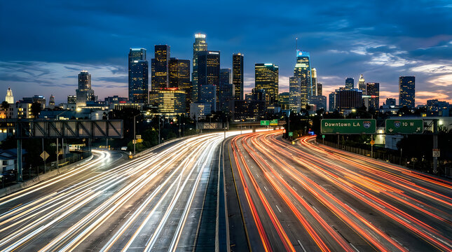 Illuminated City Skyline at Twilight with Motion Blur Light Trails on a Busy Urban Freeway