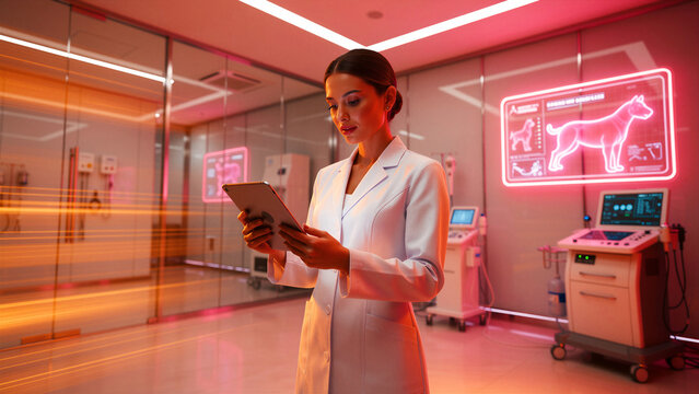 Female veterinarian using a tablet in a futuristic clinic. Doctor reviewing pet health data in a modern laboratory with digital displays. Future of veterinary medicine concept for animal care.